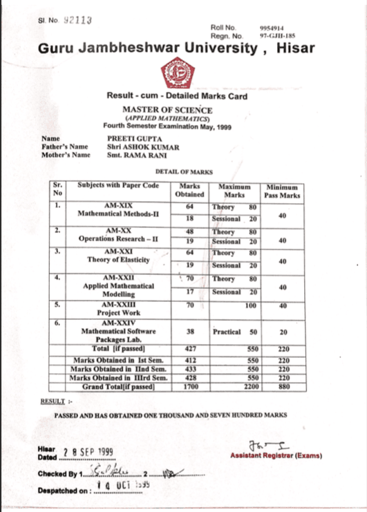 M.Sc Detailed Marks Card