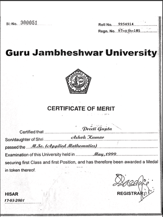 M.Sc Gold Medal Certificate