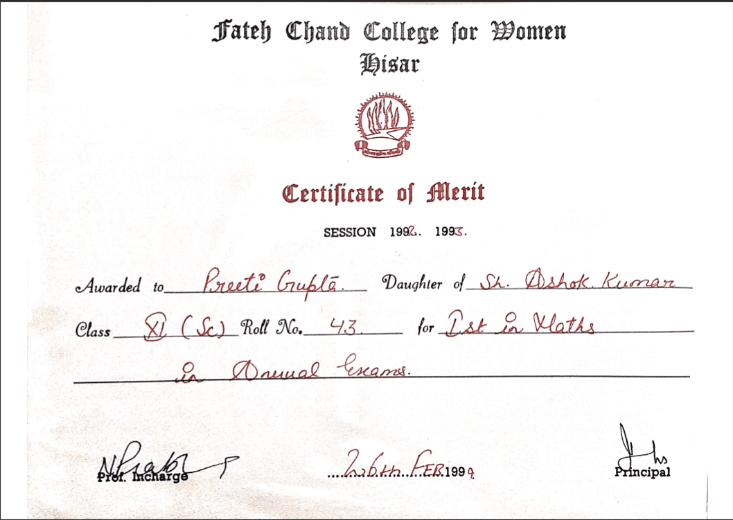 College Merit Certificate - 1993