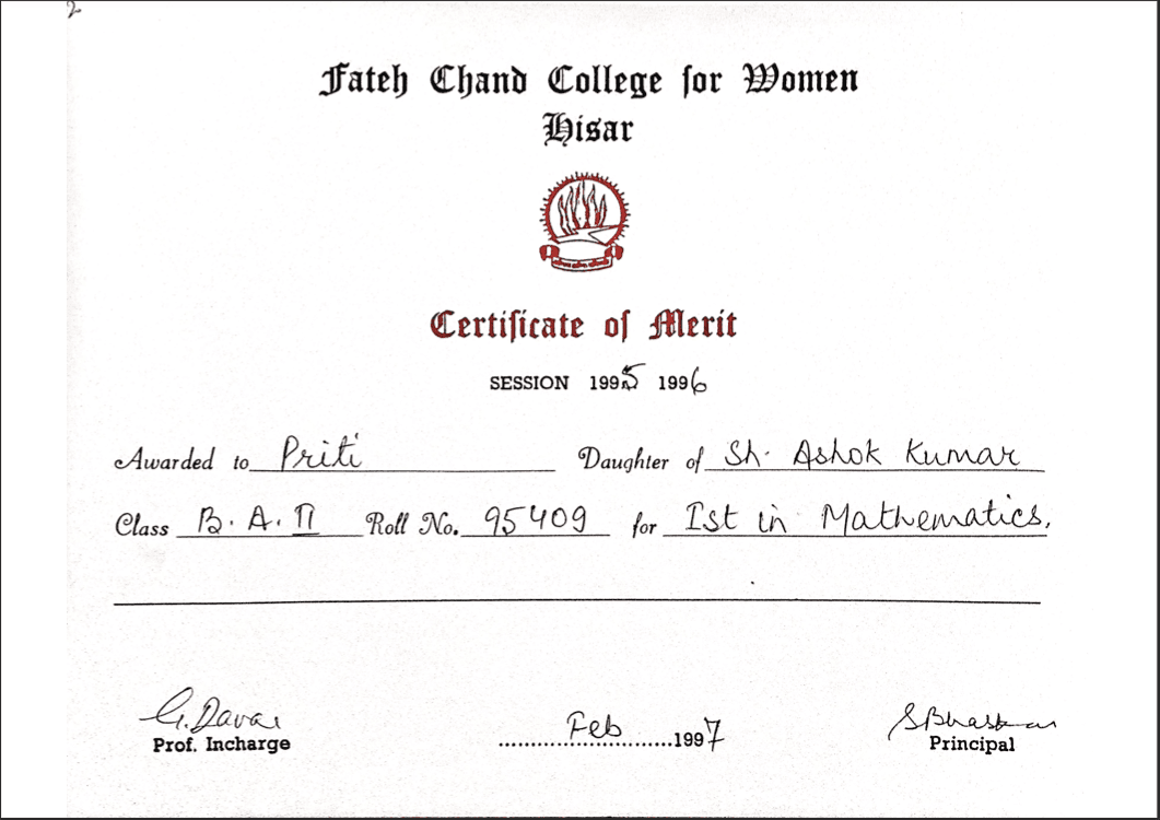 College Merit Certificate - 1996